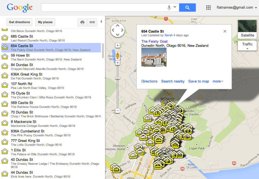 Google Map showing a FInd (command+F) Search for 654 Castle Street